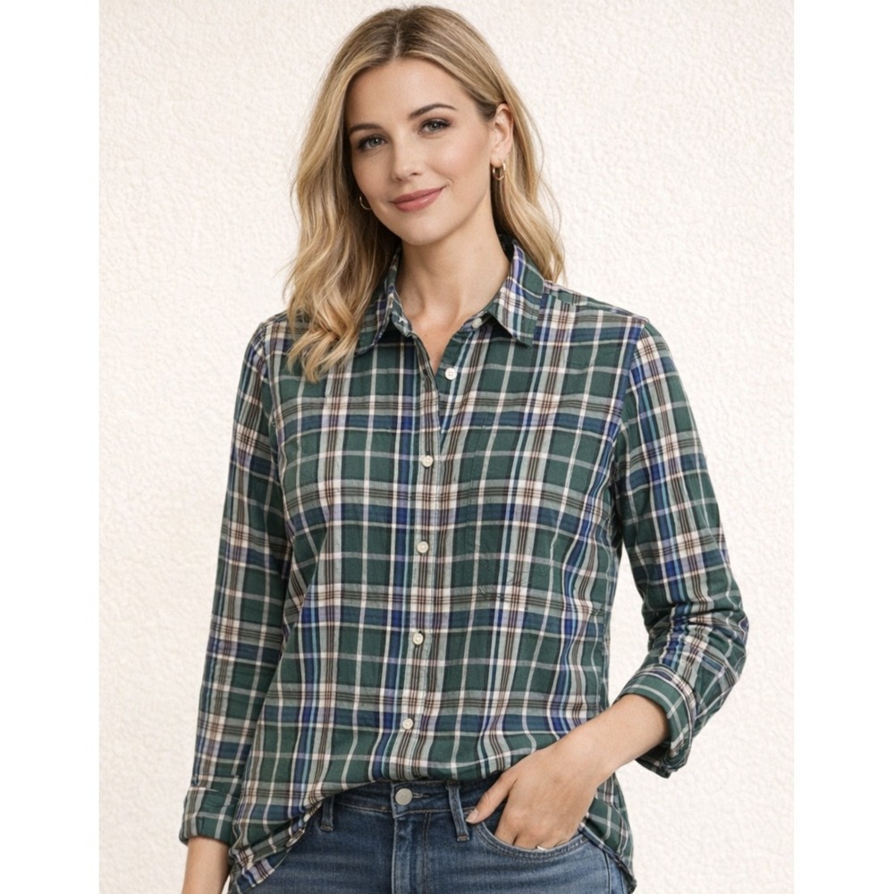 J.Crew Women's Green Blue Plaid Button‑Down Long Sleeve Cotton Shirt Size 8